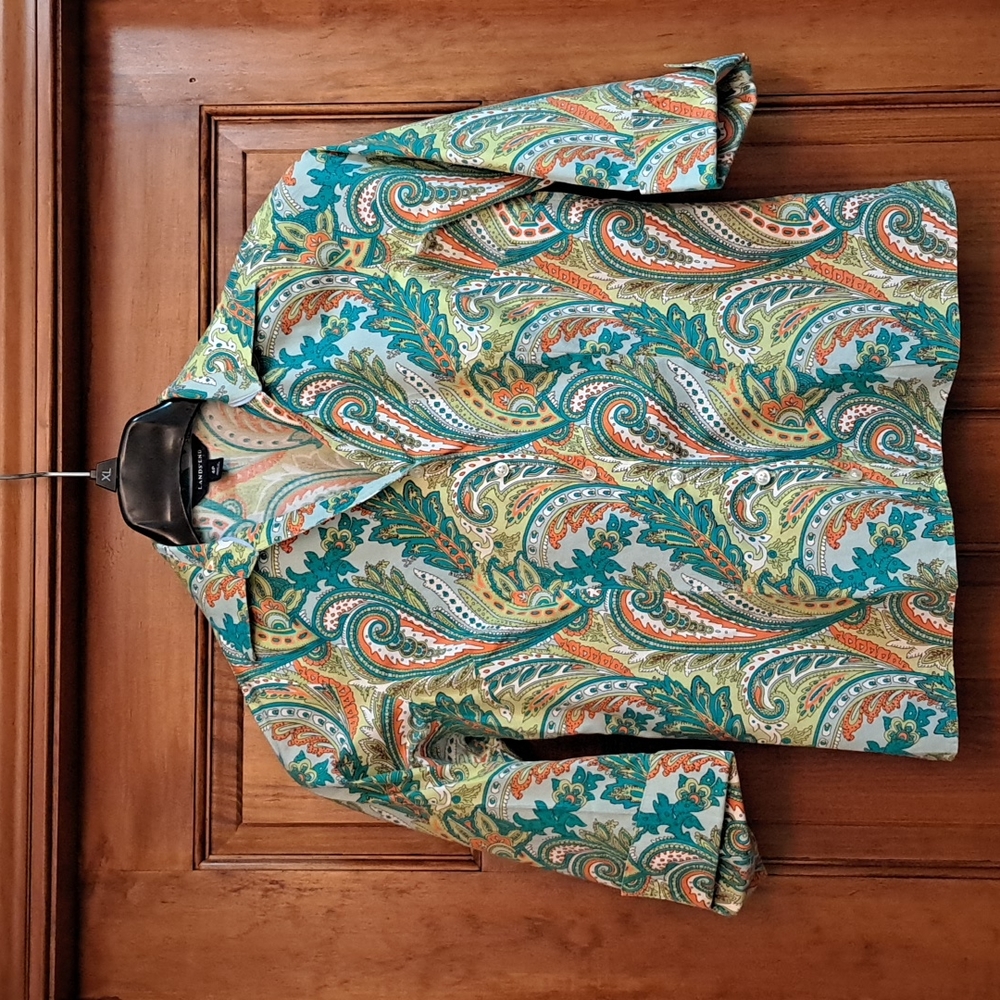 Lands' End no iron Pinpoint Oxford 3/4 sleeve button down 4P paisley floral